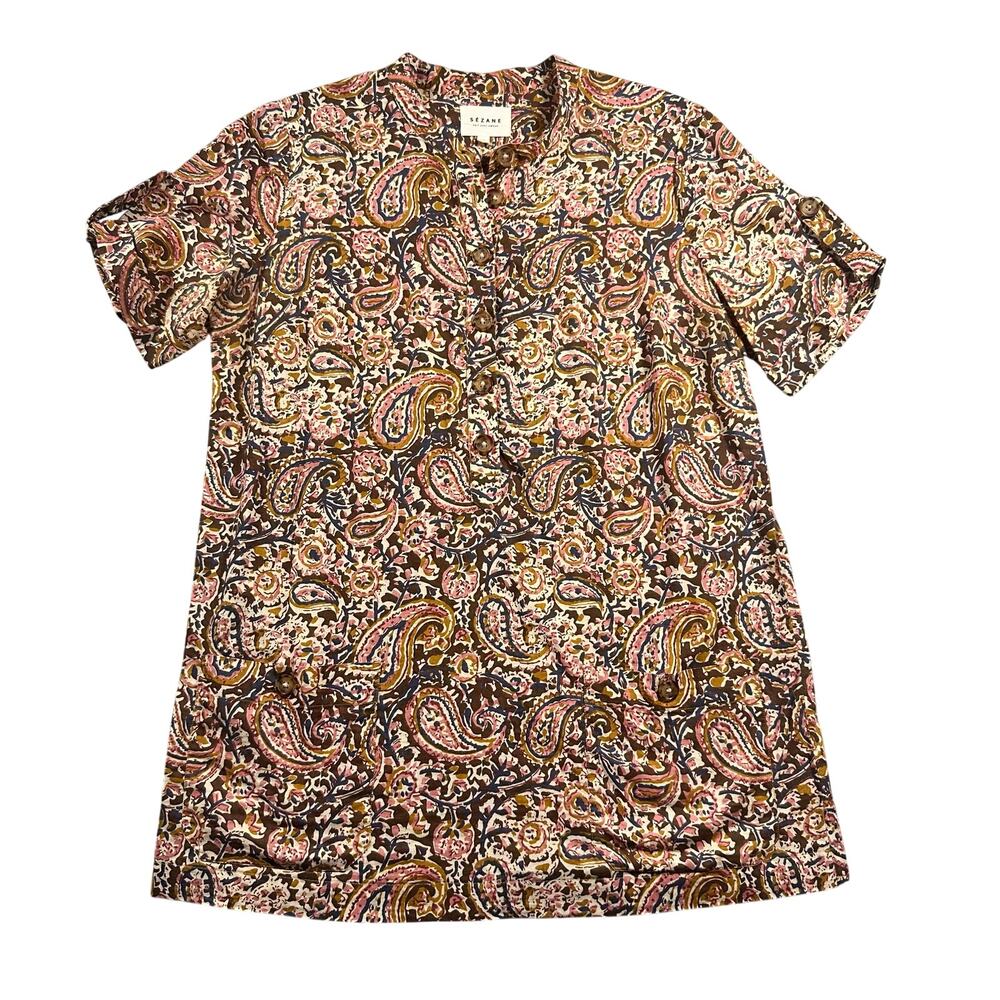 Sezane Paisley Print Short Sleeve Button Down Top Womens 38/US 6